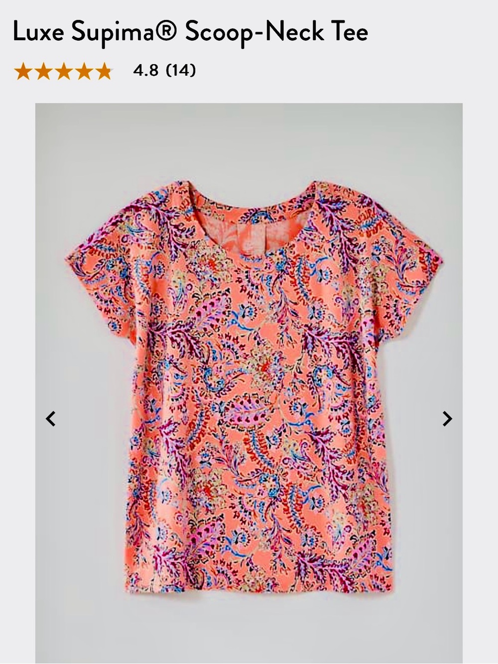 J Jill Women's Luxe Supima Scoop Neck Coral Paisley Short-Sleeve Top Large Tall